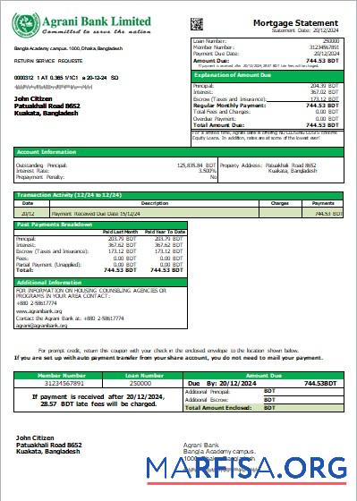 Realistic Bangladesh Agrani Bank mortgage statement scr template